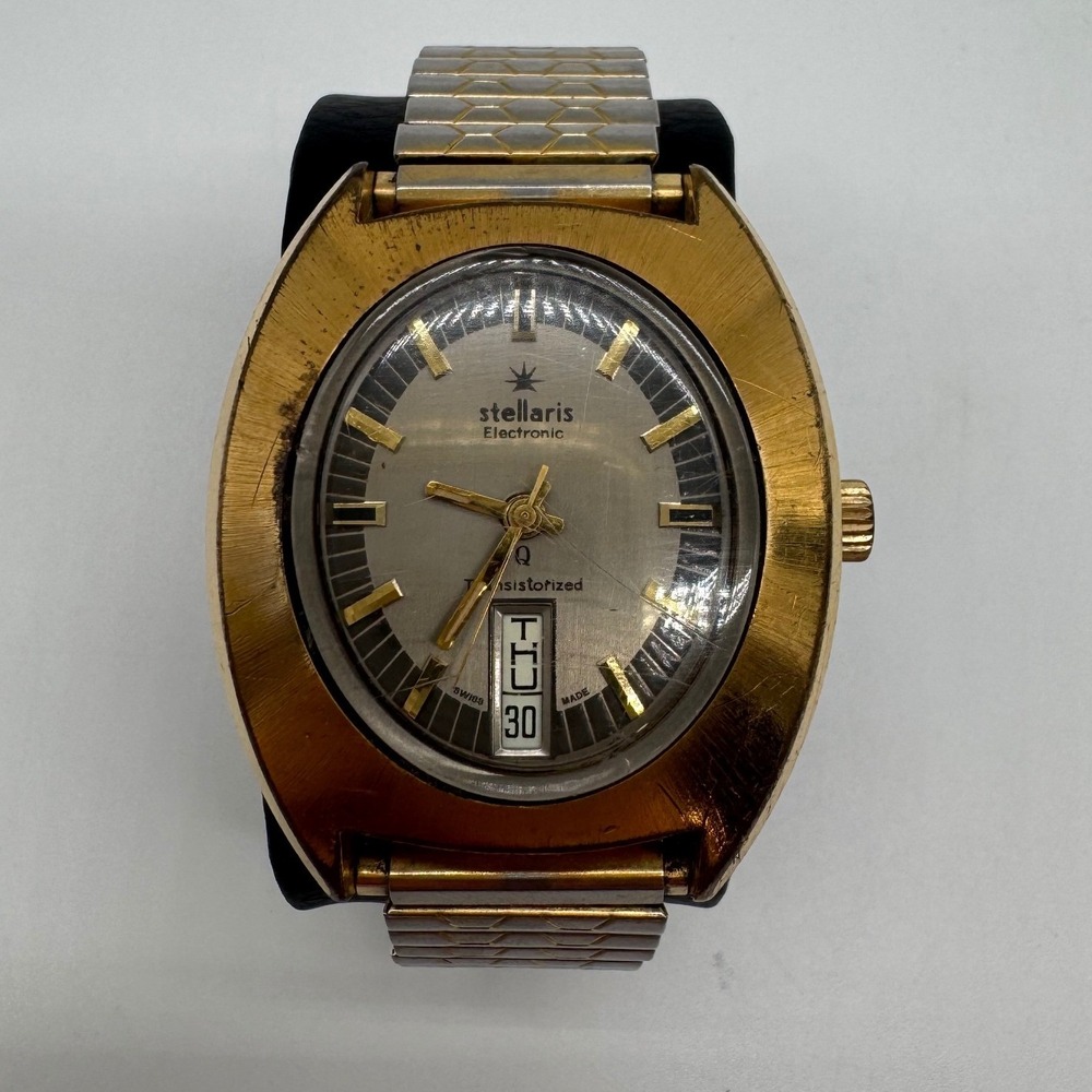 Vintage Stellaris Electronic Transistorized Gold Tone Day Date Watch Swiss Made